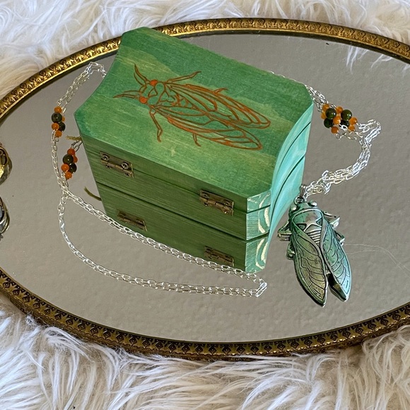 Hand Crafted Jewelry - Large cicada pendant on 37” silver chain w/ box